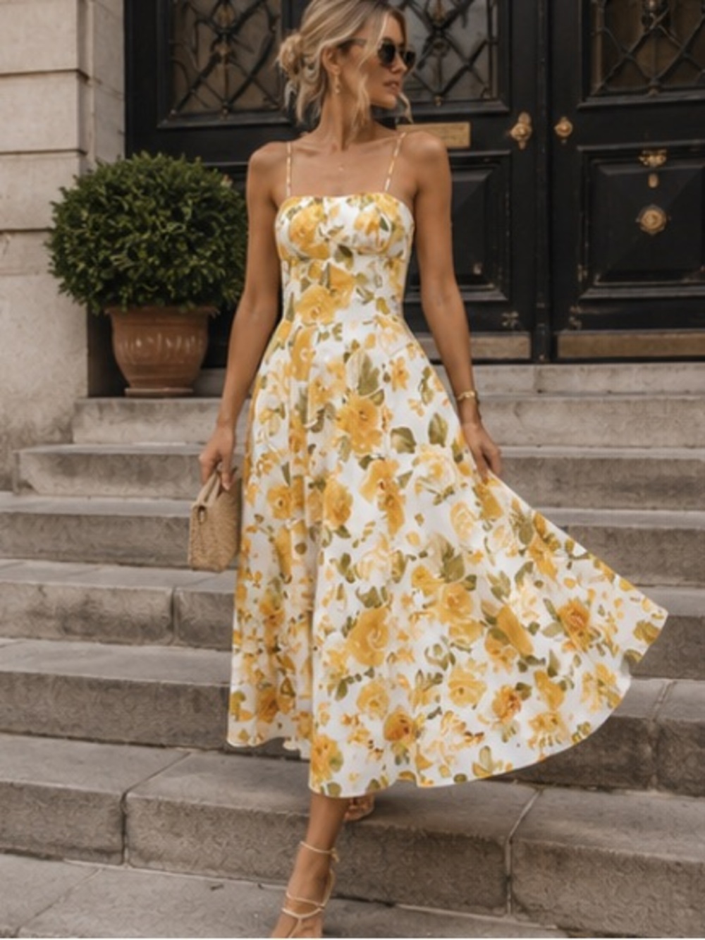 ASOS White Strapless Midi Dress with Yellow Floral Print